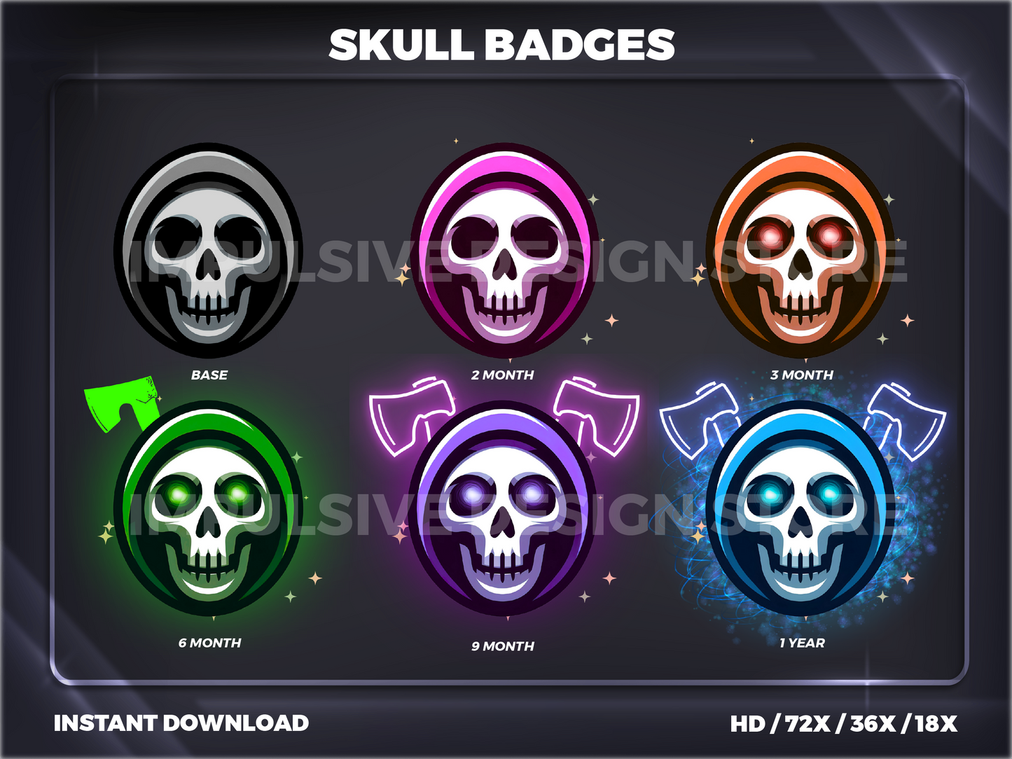 Skull Badges Base to 1 Year | Dark Twitch, YouTube & Discord Sub Badges Progression