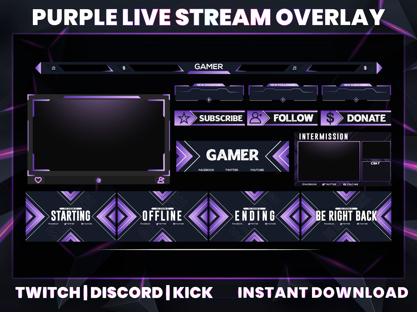 Purple Live Stream Overlay | Stylish Twitch, YouTube & Gaming Stream Package